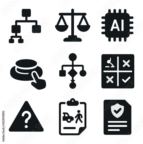 Ethical AI Icons. Solid, filled icons set of ethical AI and autonomy dilemmas: decision tree icon, risk
