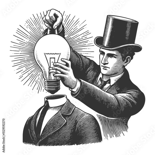 idea theft, inspiration, or manipulation sketch engraving generative ai fictional character vector illustration. Scratch board imitation. Black and white image.