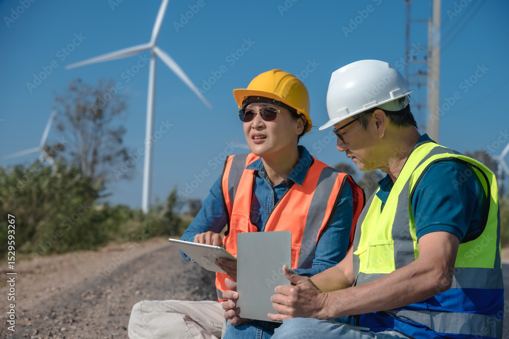 Asian wind turbine engineer man and woman working together on laptop in outdoor windmill plant Asian wind turbine engineer man and woman working together on laptop in outdoor windmill plant