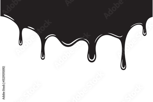 Dripping blood liquid, melt drips borders silhouette in black ink style. different dripping patterns for horror and spooky themes. Flowing liquid. Stencil drops. Chocolate drops. Oil drop