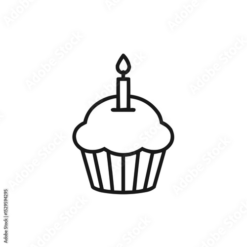 Birthday cupcake icon with candle in black line style