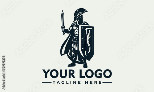 Ancient Roman warrior holding spear and shield in traditional battle armor and crested helmet in monochrome vector style. History concept
