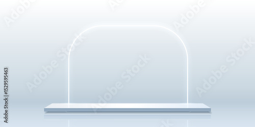 3d empty background with a rectangular podium and a neon arch behind it.