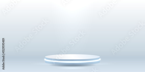 3d empty background with a cylindrical podium and neon edging.