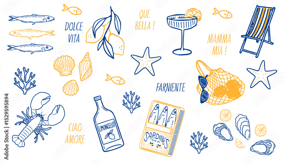 SET OF HAND DRAW BEACH ELEMENTS. STYLE DOLCE VITA. ITALIAN RETRO SUMMER