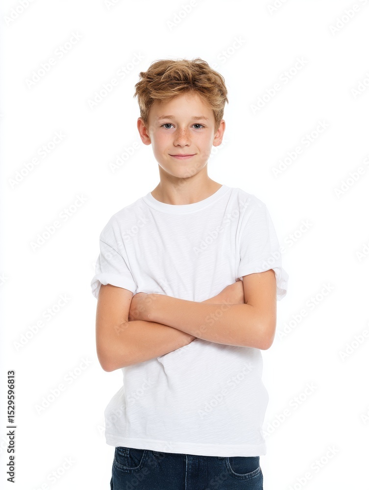 A young boy stands confidently with crossed arms. He wears a simple white t-shirt and casual jeans. This image captures innocence and a sense of adventurous spirit. AI A young boy stands confidently with crossed arms. He wears a simple white t-shirt and casual jeans. This image captures innocence and a sense of adventurous spirit. AI