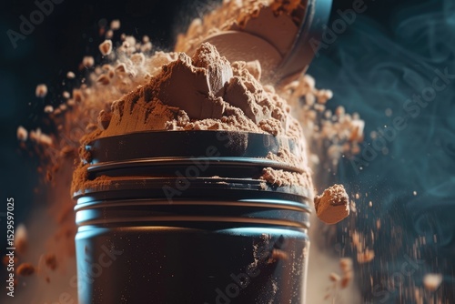 high definition image of Shaker, scoop and chocolate whey protein or mass gainer powder