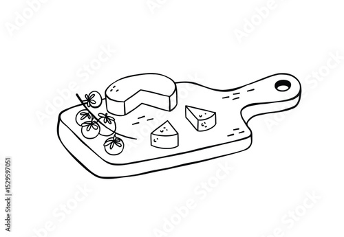 Wooden cutting board with cheese and cherry tomatoes on it. Hand drawn vector black and white illustration.