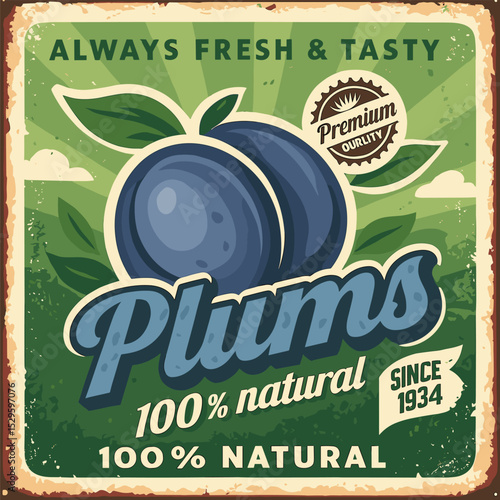 Farm fresh organic plums retro poster – vintage design with plum on old paper texture