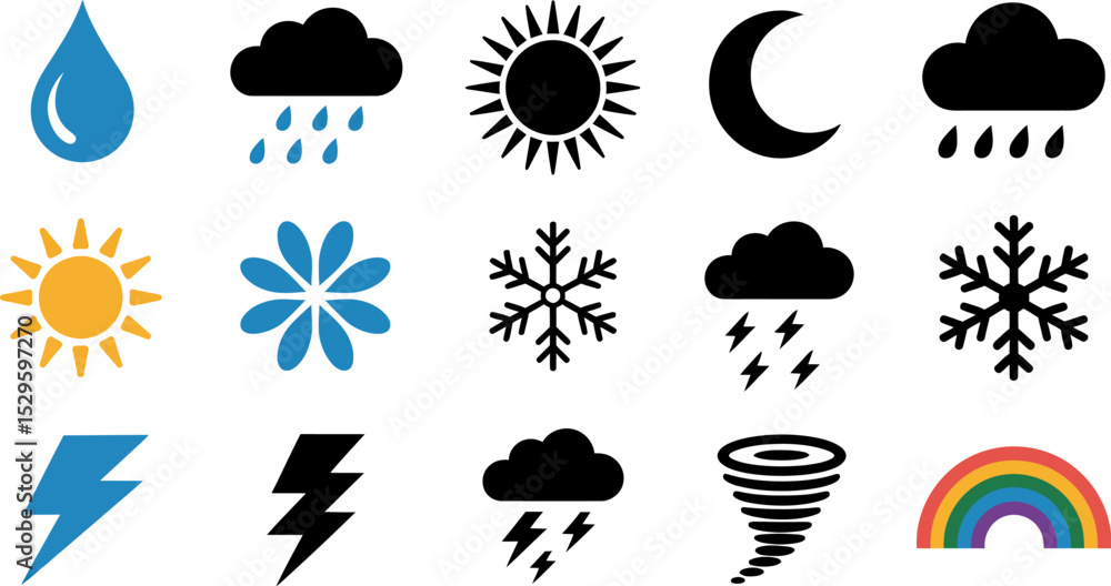 Weather forecast icons set vector illustration of sun rain cloud snow lightning tornado and rainbow editable stock vector illustration Weather forecast icons set vector illustration of sun rain cloud snow lightning tornado and rainbow editable stock vector illustration