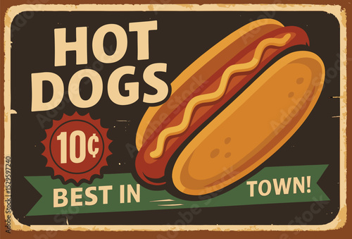 Hot dogs retro tin sign – rusty black background vector design concept