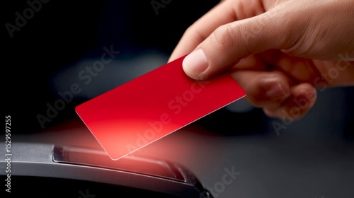 A hand holds a vibrant red card above a contactless payment terminal. This image captures the convenience of modern transactions. Ideal for tech and finance themes. AI