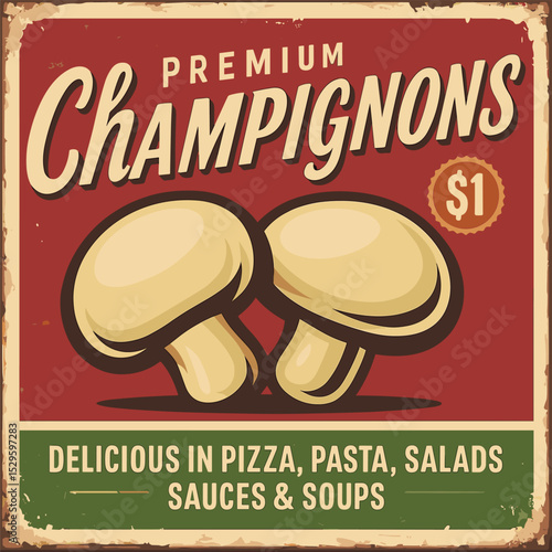 Premium quality mushrooms vintage poster – retro label design for champignon