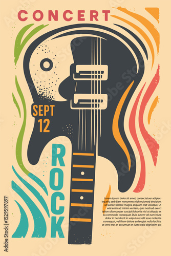 Electric guitar and colorful shapes rock concert poster design, music event flyer with guitar graphic, vector illustration for band promotions and gig advertisements