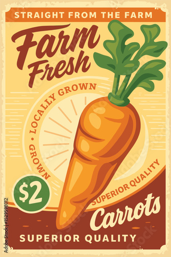Carrots organic farm poster design, fresh vegetables retro sign with creative typography on old paper texture, healthy food advertisement