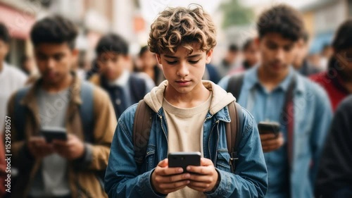 A teenager with a smartphone in the middle of the street. Concept of digital addiction. Immersed in his digital world, he ignores people and everything around him.