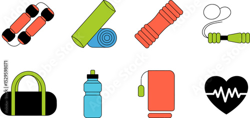 Fitness workout equipment vector set gym accessories training illustration healthy lifestyle 100 char editable stock vector illustration