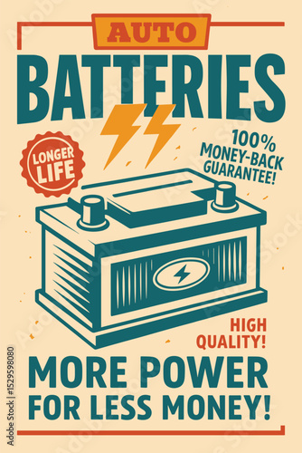 Auto lite batteries vintage ad design template, retro transportation poster with car parts vector illustration, old school leaflet layout