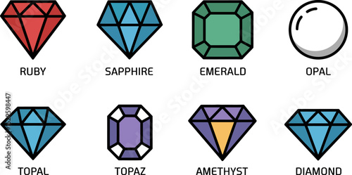 Gemstones guide: learn about ruby, sapphire, emerald, opal, topaz, amethyst, and diamond types editable stock vector illustration