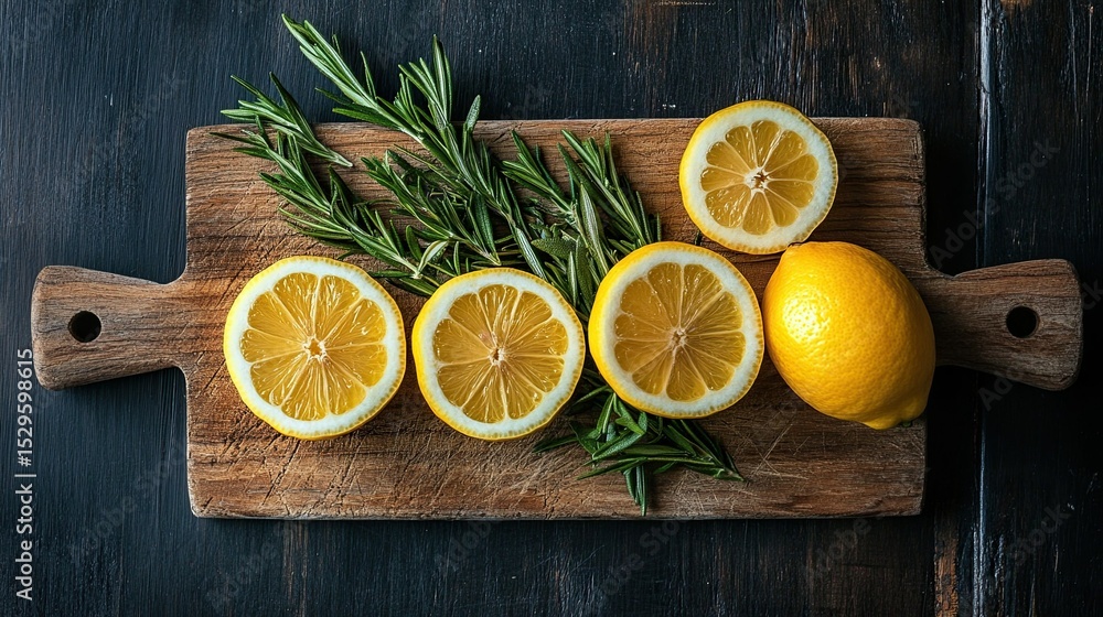 A wooden cutting board adorned with fresh lemons and rosemary sprigs A wooden cutting board adorned with fresh lemons and rosemary sprigs
