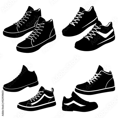Silhouette illustration of various athletic shoes including high tops and low tops on white background
