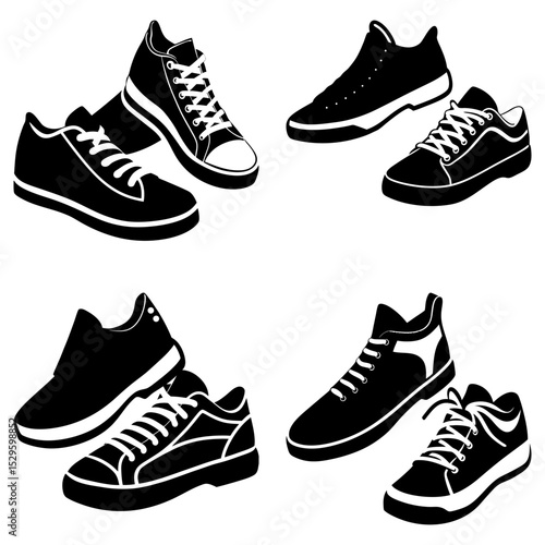 Collection of various black and white sneakers and shoes in different styles and orientations displayed