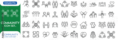 Community Line editable stroke outline web icons set. Community, social, friendship, people, village, relationships, diversity, support and development. Vector line icon set..