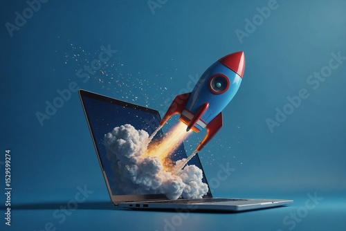 Rocket coming out of laptop screen, blue background. AI digital illustration