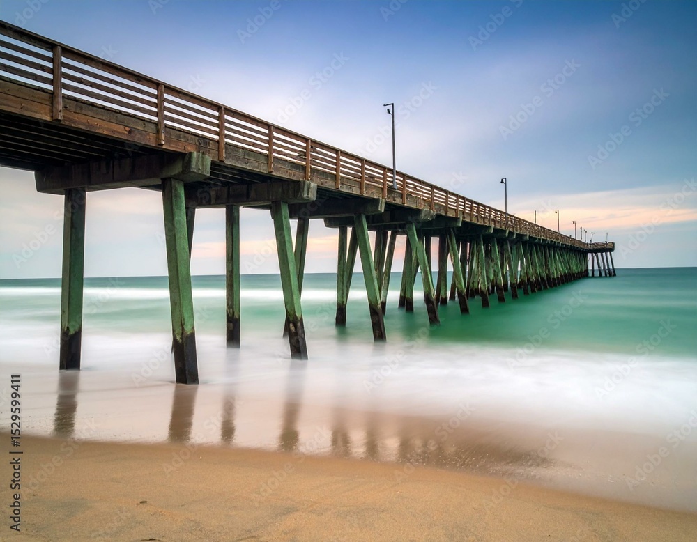 Naklejka premium Serene Coastal Wooden Pier at Sunrise Tranquil Ocean Waves and Sandy Beach