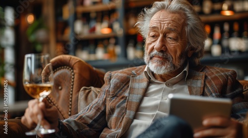 Wallpaper Mural An elegant elderly man sits comfortably in a cozy environment, sipping a drink while engaging with a tablet, epitomizing the blend of leisure and sophistication in modern life. Torontodigital.ca