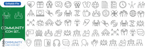 Community Line editable stroke outline web icons set. Community, social, friendship, people, village, relationships, diversity, support and development. Vector line icon set..