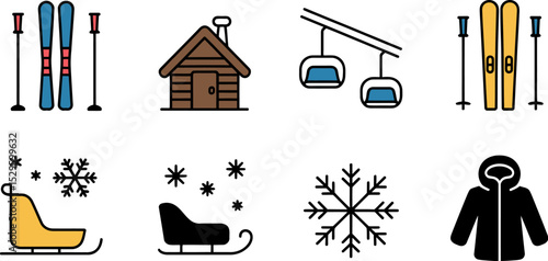 Winter vacation ski resort cabin snowflake jacket sled ski lift vector icons set for holiday trip 100 editable stock vector illustration
