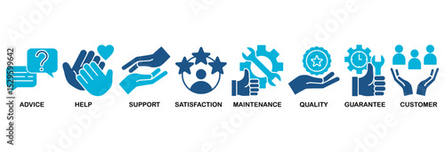 After-sales service icon set vector illustration concept with icon of advice, help, support, satisfaction, maintenance, quality, guarantee, customer