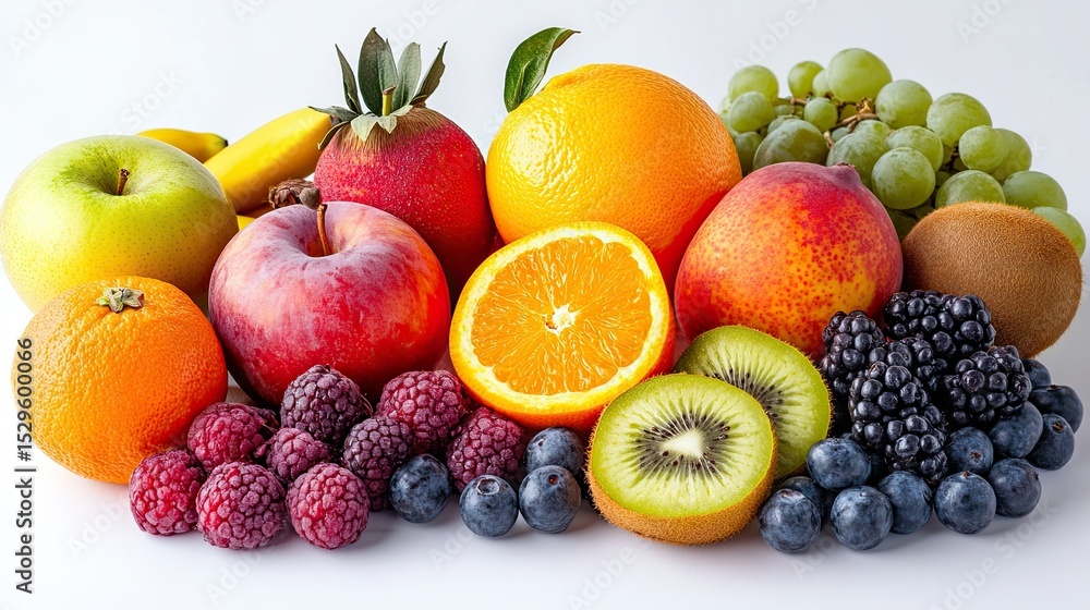 Assorted ripe fruits arranged on a clean white background Assorted ripe fruits arranged on a clean white background