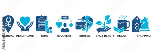 Medical tourism icon set vector illustration concept with icon of medical, healthcare, cure, recovery, tourism, spa, beauty, relax and shopping