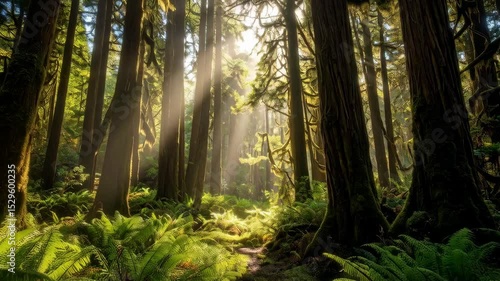 Wallpaper Mural Sunlight streaming through lush temperate rainforest with ferns and mossy trees, creating a serene and tranquil atmosphere in a vibrant ecosystem Torontodigital.ca