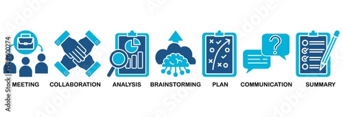 Brief icon set vector illustration concept for a briefing of business plan with an icon of meeting, collaboration, analysis, brainstorming, plan, communication, and summary