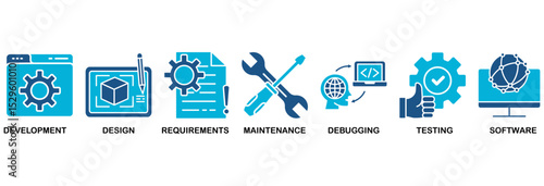 Agile icon set vector illustration concept with icon of development, design, requirements, maintenance, debugging, testing and software