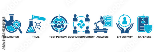 Clinical study icon set vector illustration concept for clinical trial research with an icon of researcher, trial, test person, comparison group, analysis, effectivity, and safeness