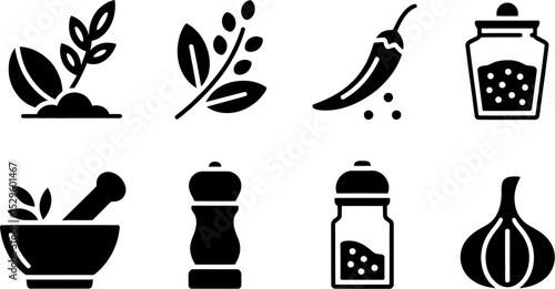 Vector illustration of herbs spices and condiments for cooking seasoning and flavor enhancement use 100 editable stock vector illustration