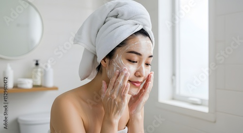 Asian Woman Washing Face with Cleanser Skincare Routine Beauty