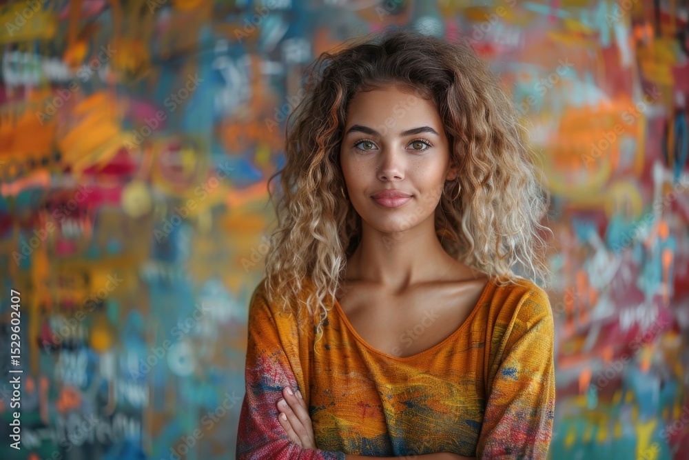 A confident young woman stands in front of a colorful, graffiti-style background, embodying creativity, individuality, and the essence of modern urban culture. A confident young woman stands in front of a colorful, graffiti-style background, embodying creativity, individuality, and the essence of modern urban culture.