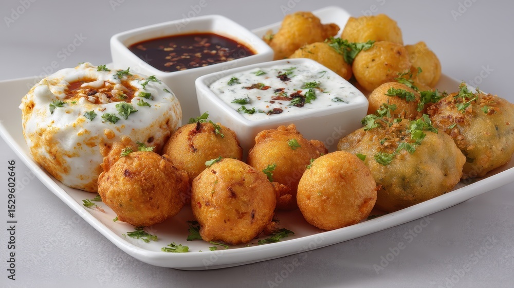 Fototapeta premium A delicious platter of assorted fried snacks with dipping sauces.