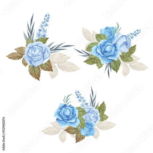 Watercolor blue roses vector floral bouquet set