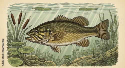 Detailed illustration of a largemouth bass swimming in a serene underwater environment with plants.