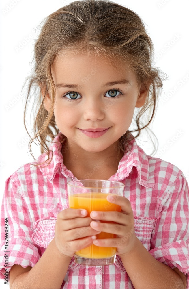 A cute little girl wearing pink and white checkered short sleeves, holding an orange juice glass in both hands, with her upper body facing the camera directly A cute little girl wearing pink and white checkered short sleeves, holding an orange juice glass in both hands, with her upper body facing the camera directly