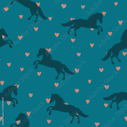 Animal seamless pattern with cartoon horses on color background. Cute holiday illustration with horse. Design for invitation, poster, card, fabric, textile, wrapper.