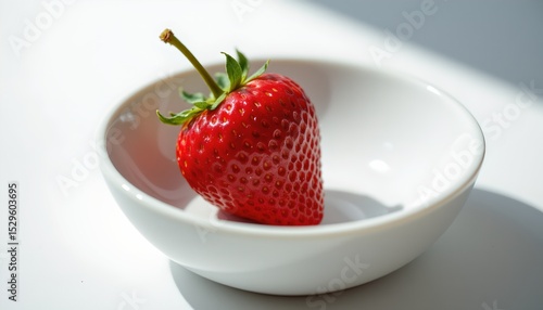 a fresh, juicy strawberry, glistening with dew, nestled in a pristine white bowl against an infinite white void, wide angle, intimate close up rendered in holographic iridescence