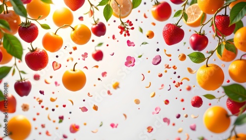 vividly colorful, glistening exotic fruits cascade from the upper frame, their forms dissolving into holographic motion blur against a pristine white backdrop