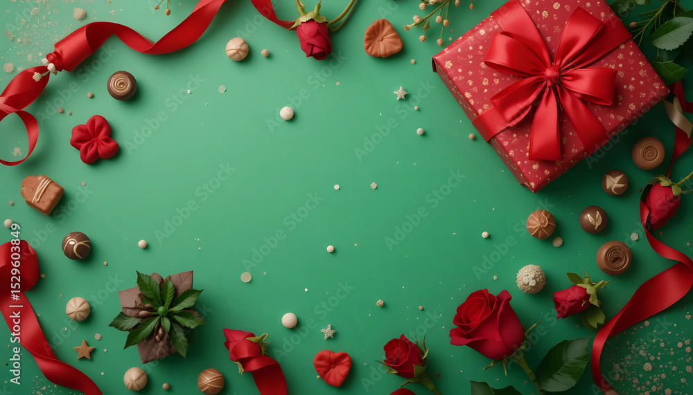 Christmas day banner minimalis, gift chocolate sweets and red roses on green background Christmas day banner minimalis, gift chocolate sweets and red roses on green background